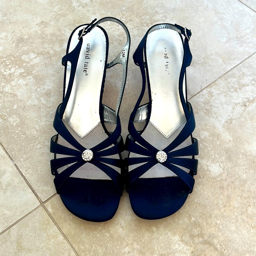 Navy blue, satin sling back sandals. Size 12. Heel height 3 inches. Worn.